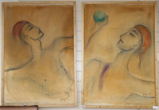 Sejur, pair of oils on canvas, Head studies of acrobats, indistinctly signed, 99 x 69cm